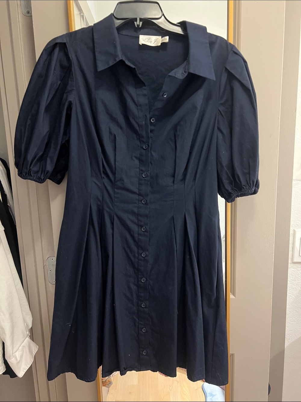 Eliza J Navy Button-Front Puff Sleeve Mini Dress